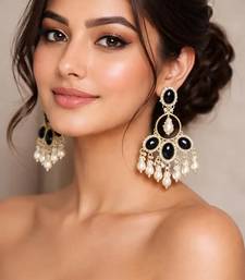 Black onyx chandbali earrings with pearl drops|indian statement dangle earrings for party