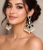Black onyx chandbali earrings with pearl drops|indian statement dangle earrings for party