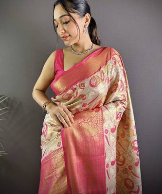 cream tissue silk blend kanjeevaram zari woven saree with unstitched blouse piece. 1