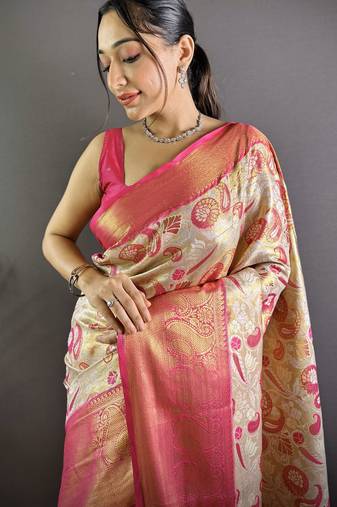 cream tissue silk blend kanjeevaram zari woven saree with unstitched blouse piece.