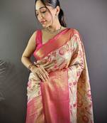 cream tissue silk blend kanjeevaram zari woven saree with unstitched blouse piece.