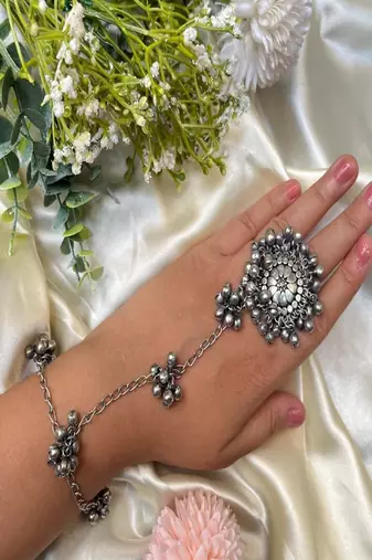 Oxidized silver ghungroo hand harness: indian boho haathphool bracelet