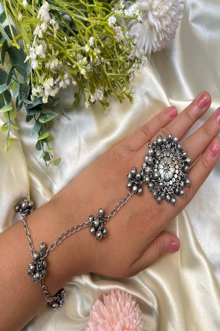 Oxidized silver ghungroo hand harness: indian boho haathphool bracelet
