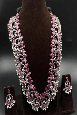 Oxidized silver pink stone long necklace set 2