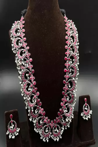 Oxidized silver pink stone long necklace set