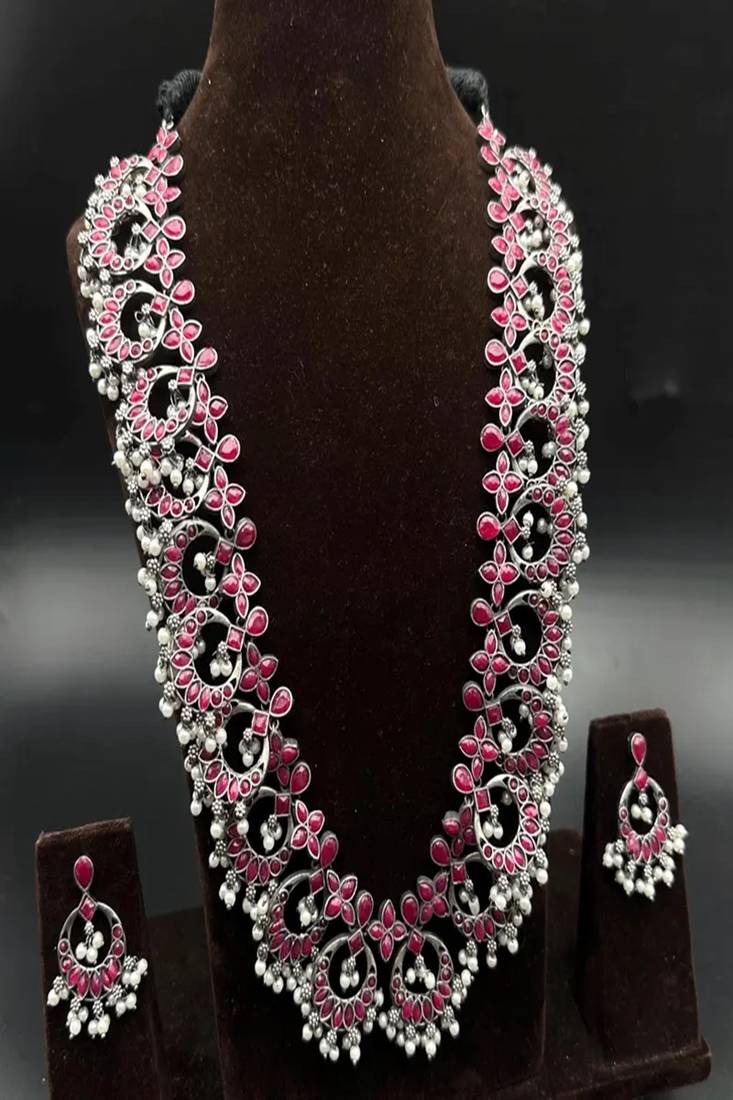 Oxidized silver pink stone long necklace set
