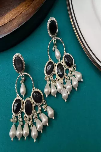 Black onyx chandbali earrings with pearl drops|indian statement dangle earrings for party