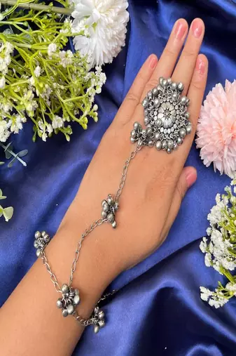 Oxidized silver ghungroo hand harness: indian boho haathphool bracelet