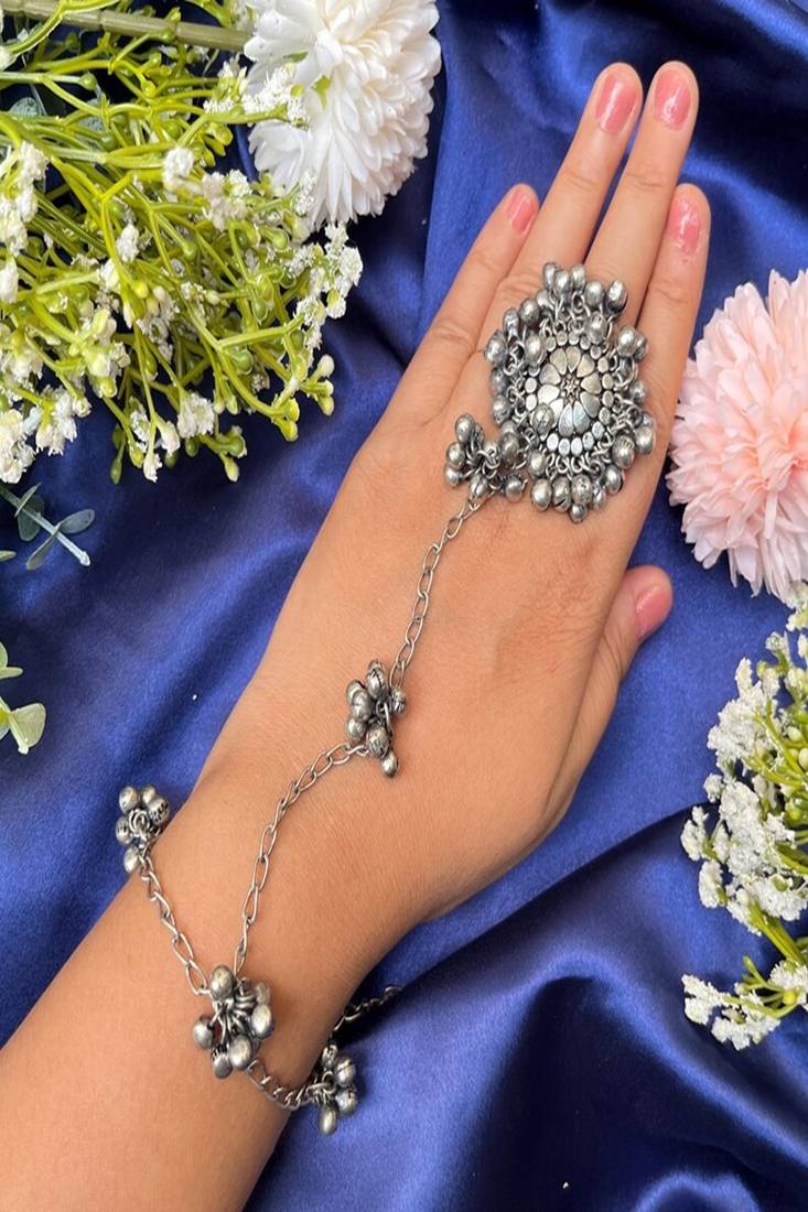 Oxidized silver ghungroo hand harness: indian boho haathphool bracelet