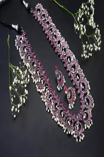 Oxidized silver pink stone long necklace set