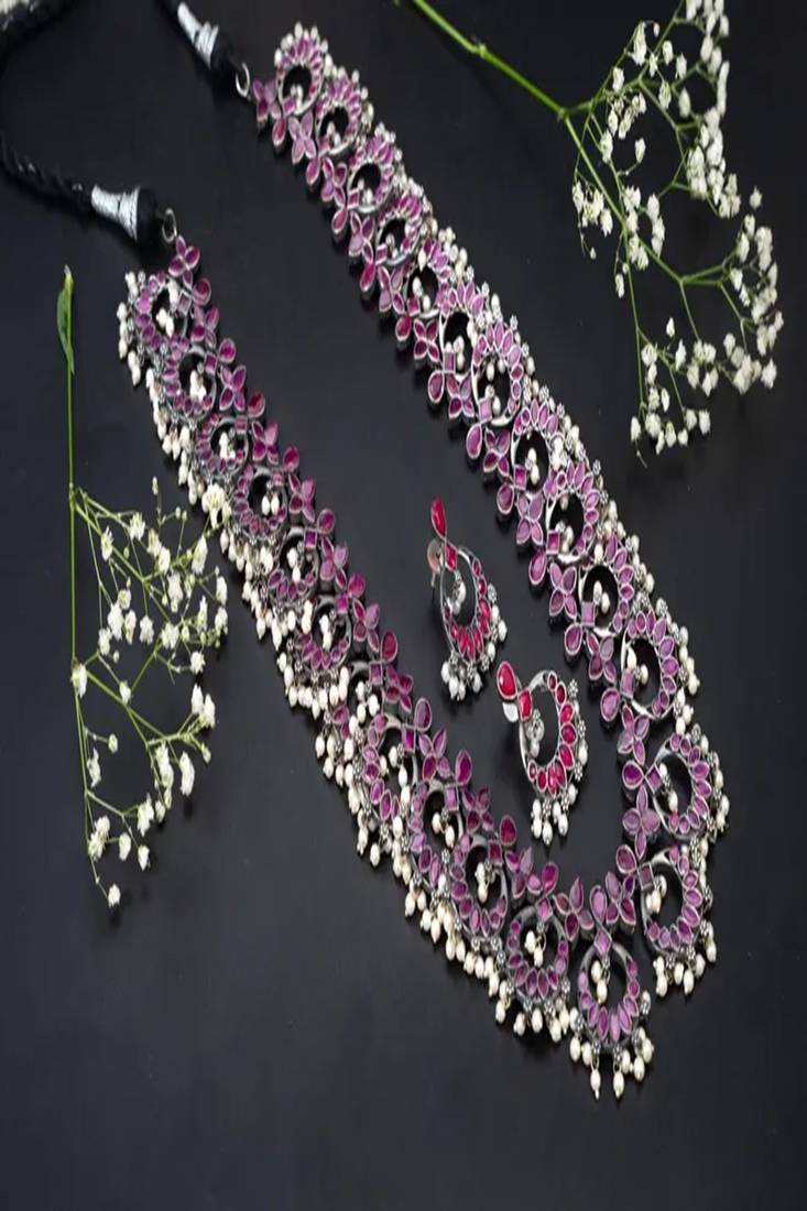 Oxidized silver pink stone long necklace set