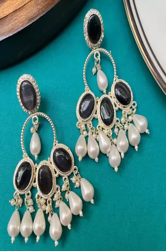 Black onyx chandbali earrings with pearl drops|indian statement dangle earrings for party