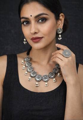 Oxidized silver ganesha choker set | boho pearl statement necklace 1