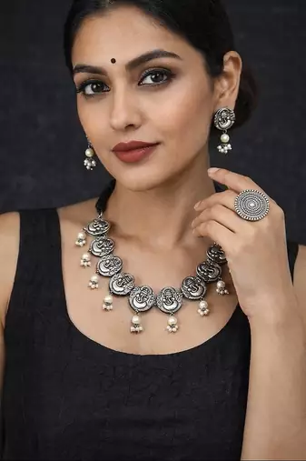 Oxidized silver ganesha choker set | boho pearl statement necklace
