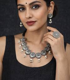 Oxidized silver ganesha choker set | boho pearl statement necklace