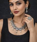 Oxidized silver ganesha choker set | boho pearl statement necklace