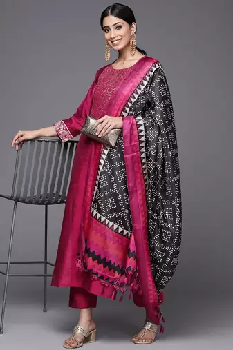 Brocade Yoke with Gota Detail Kurta with Trouser with Bandhani Printed Dupatta