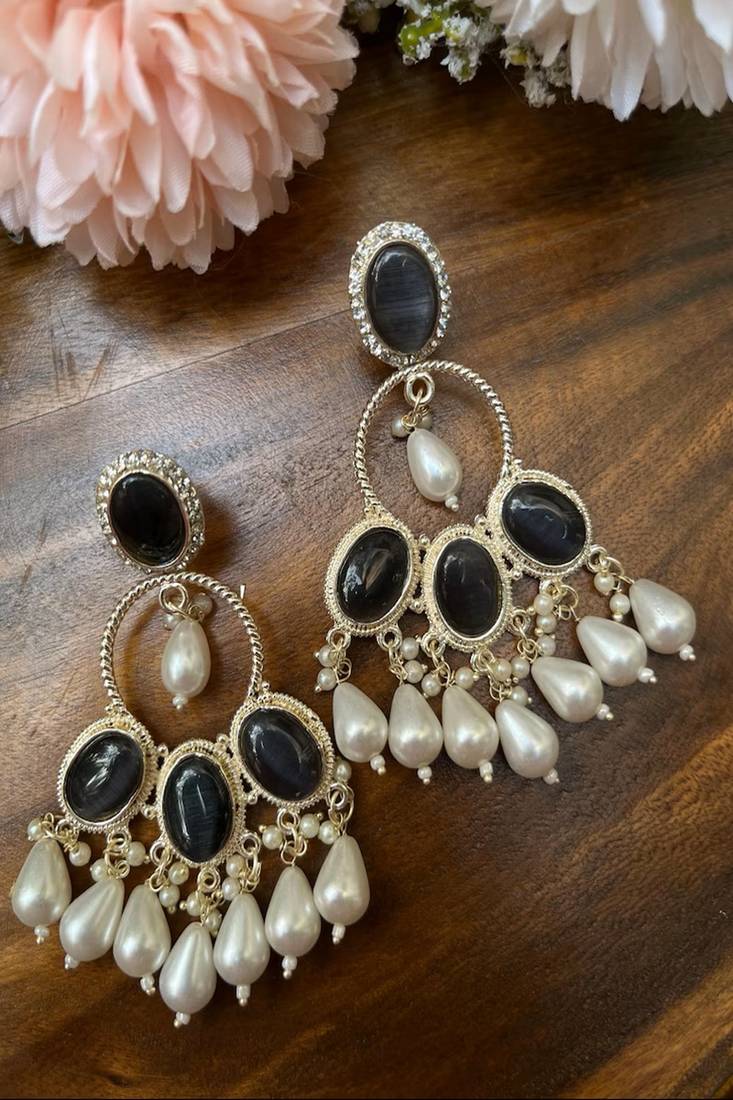 Black onyx chandbali earrings with pearl drops|indian statement dangle earrings for party