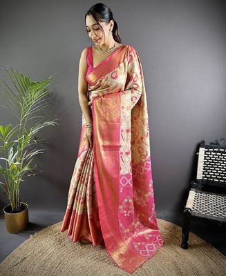 cream tissue silk blend kanjeevaram zari woven saree with unstitched blouse piece. 2