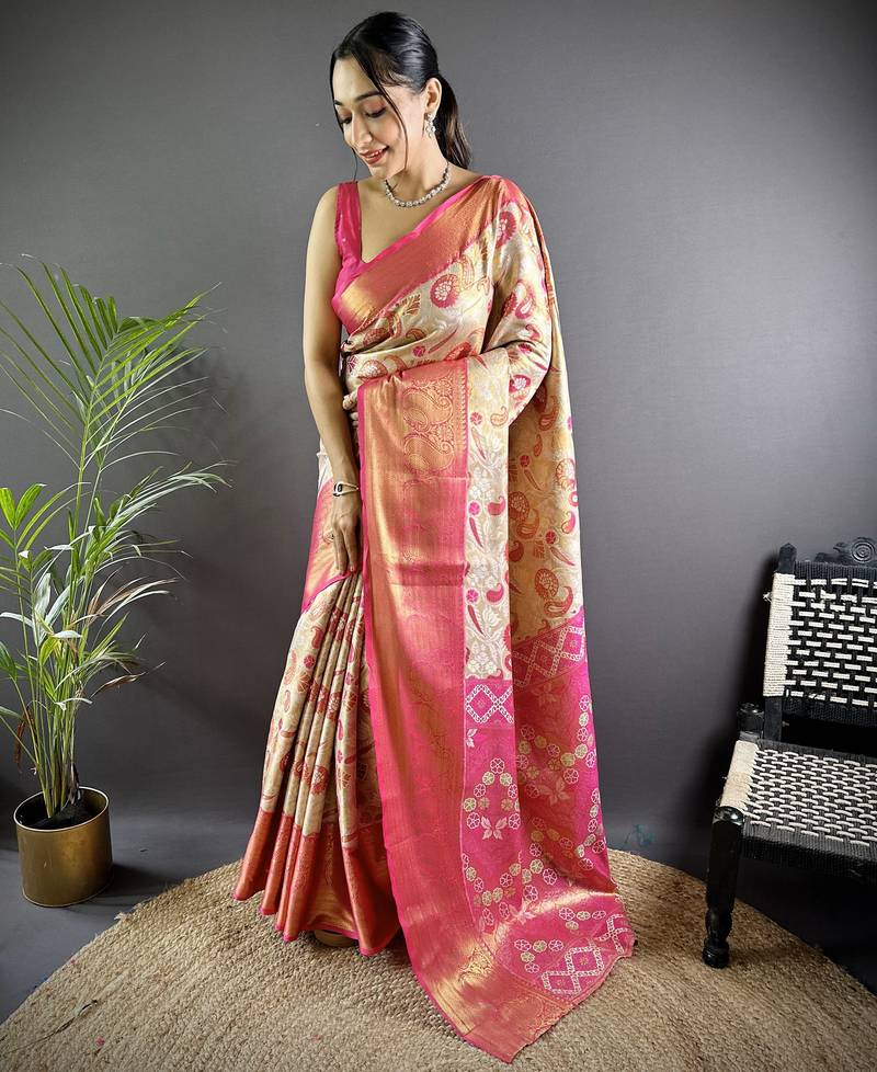 cream tissue silk blend kanjeevaram zari woven saree with unstitched blouse piece.