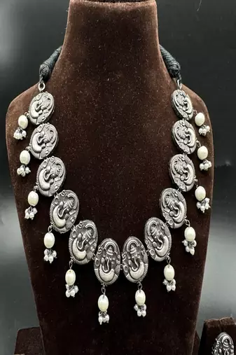 Oxidized silver ganesha choker set | boho pearl statement necklace