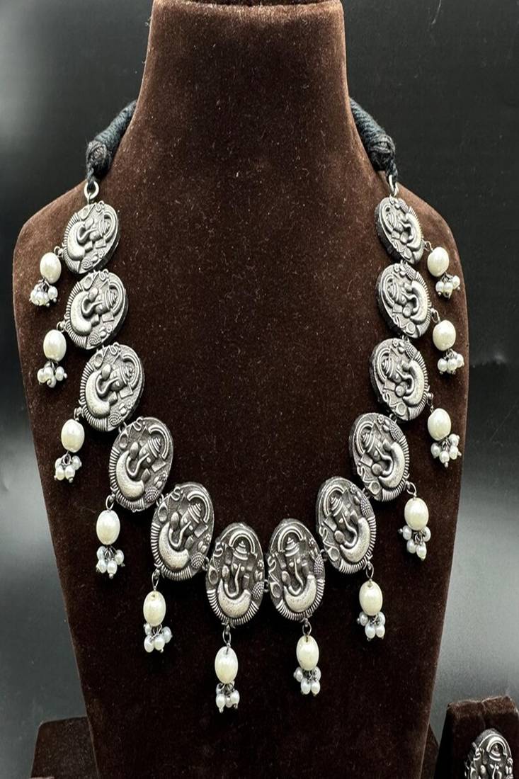 Oxidized silver ganesha choker set | boho pearl statement necklace