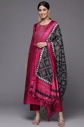 Brocade Yoke with Gota Detail Kurta with Trouser with Bandhani Printed Dupatta