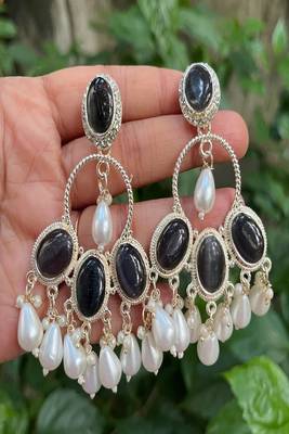 Black onyx chandbali earrings with pearl drops|indian statement dangle earrings for party 5