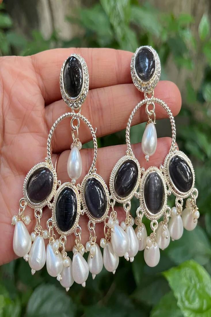 Black onyx chandbali earrings with pearl drops|indian statement dangle earrings for party