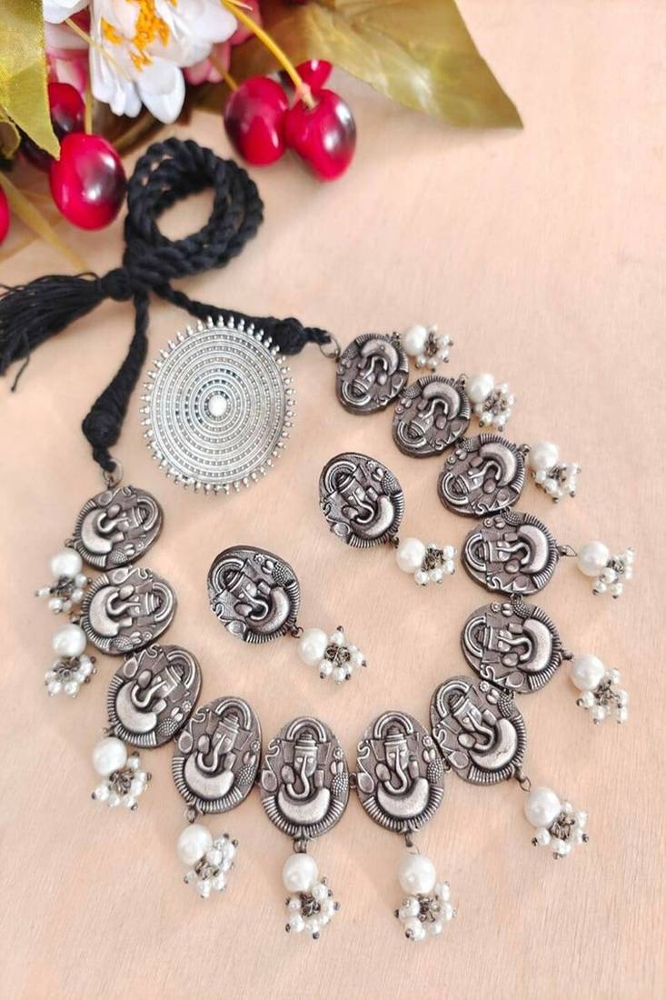 Oxidized silver ganesha choker set | boho pearl statement necklace
