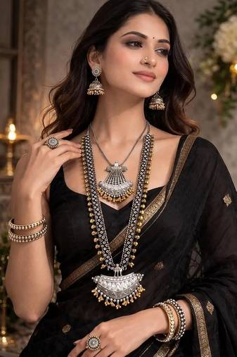 Oxidized silver jewelry set for women - 6 pc tribal boho necklace & earrings set