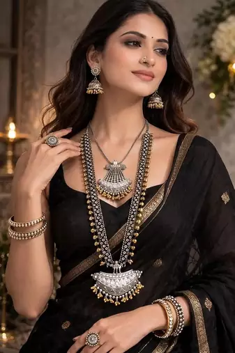 Oxidized silver jewelry set for women - 6 pc tribal boho necklace & earrings set