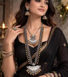 Oxidized silver jewelry set for women - 6 pc tribal boho necklace & earrings set