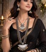 Oxidized silver jewelry set for women - 6 pc tribal boho necklace & earrings set