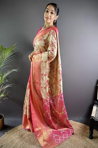 cream tissue silk blend kanjeevaram zari woven saree with unstitched blouse piece.