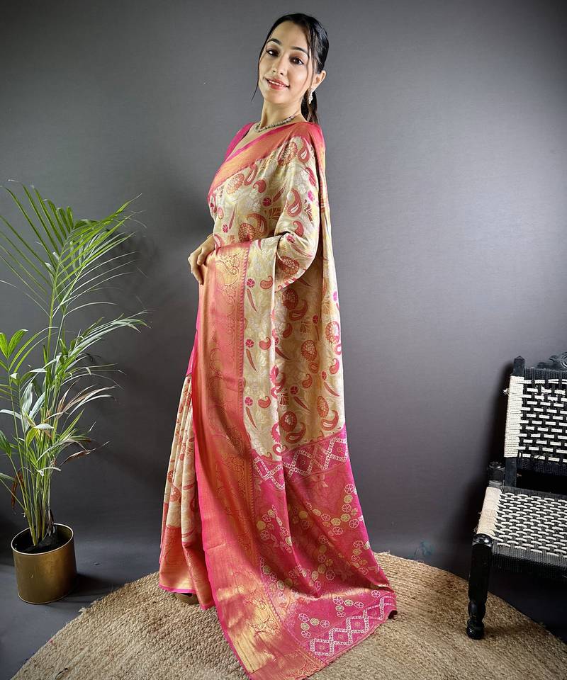 cream tissue silk blend kanjeevaram zari woven saree with unstitched blouse piece.
