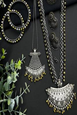 Oxidized silver jewelry set for women - 6 pc tribal boho necklace & earrings set 2