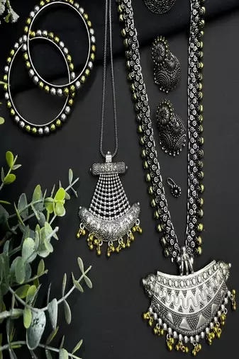 Oxidized silver jewelry set for women - 6 pc tribal boho necklace & earrings set
