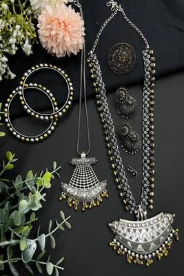 Oxidized silver jewelry set for women - 6 pc tribal boho necklace & earrings set 4