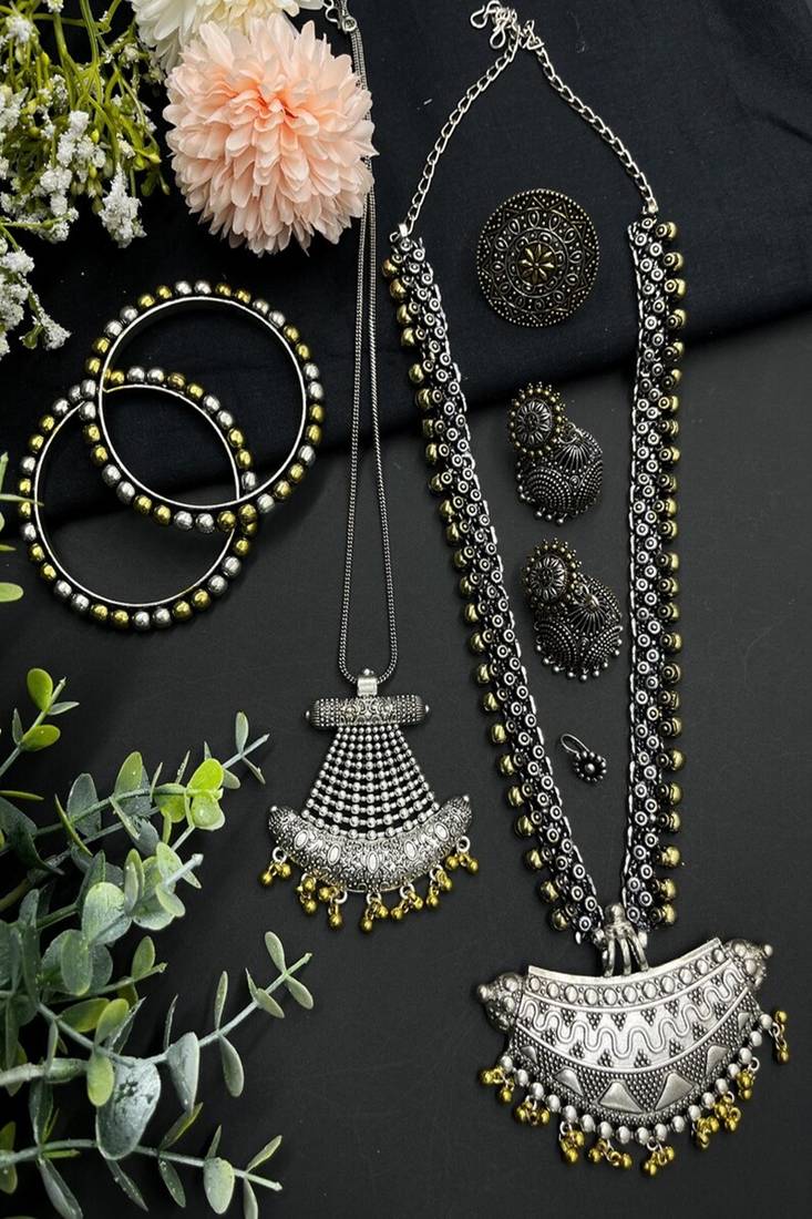 Oxidized silver jewelry set for women - 6 pc tribal boho necklace & earrings set