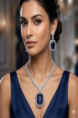 Blue crystal choker necklace earring set: bridal statement jewelry 1