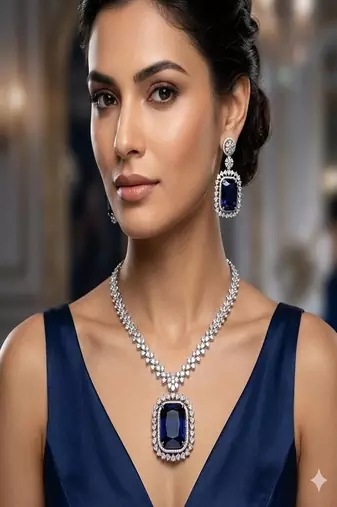 Blue crystal choker necklace earring set: bridal statement jewelry
