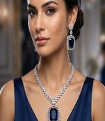 Blue crystal choker necklace earring set: bridal statement jewelry