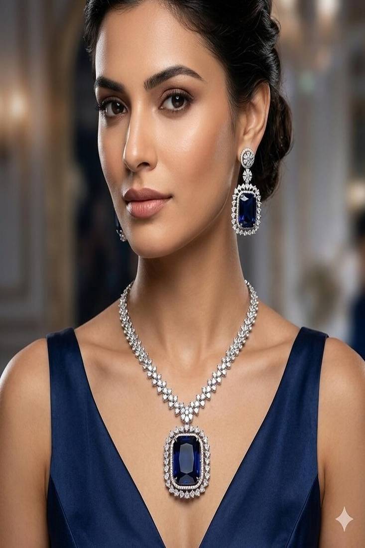 Blue crystal choker necklace earring set: bridal statement jewelry