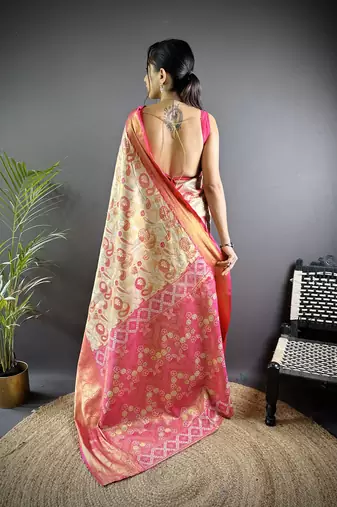 cream tissue silk blend kanjeevaram zari woven saree with unstitched blouse piece.