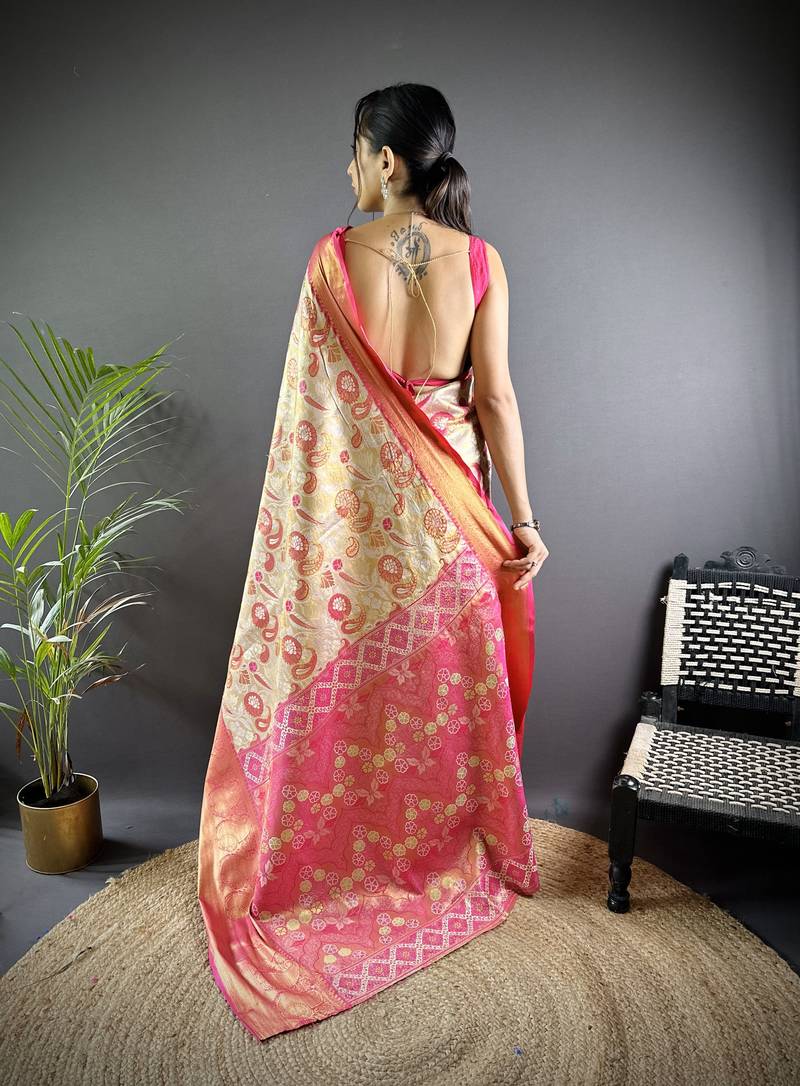 cream tissue silk blend kanjeevaram zari woven saree with unstitched blouse piece.