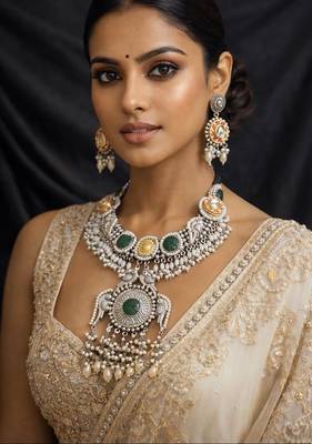 Oxidized silver indian choker set | boho kundan pearl necklace 1