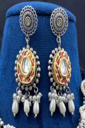 Oxidized silver indian choker set | boho kundan pearl necklace