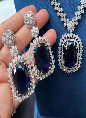 Blue crystal choker necklace earring set: bridal statement jewelry 3