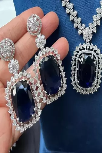 Blue crystal choker necklace earring set: bridal statement jewelry